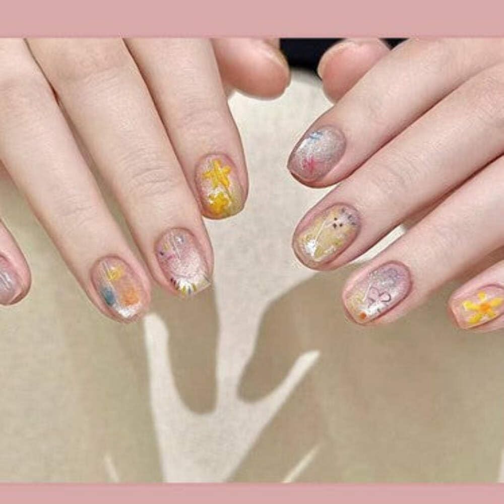 Floral Press-On Nails - Yellow & Pink Cute Design (24pcs)