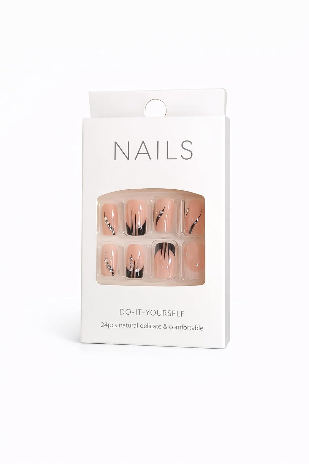 Nude French Tip Press-On Nails - White Tips with Black & Gold Line Accents