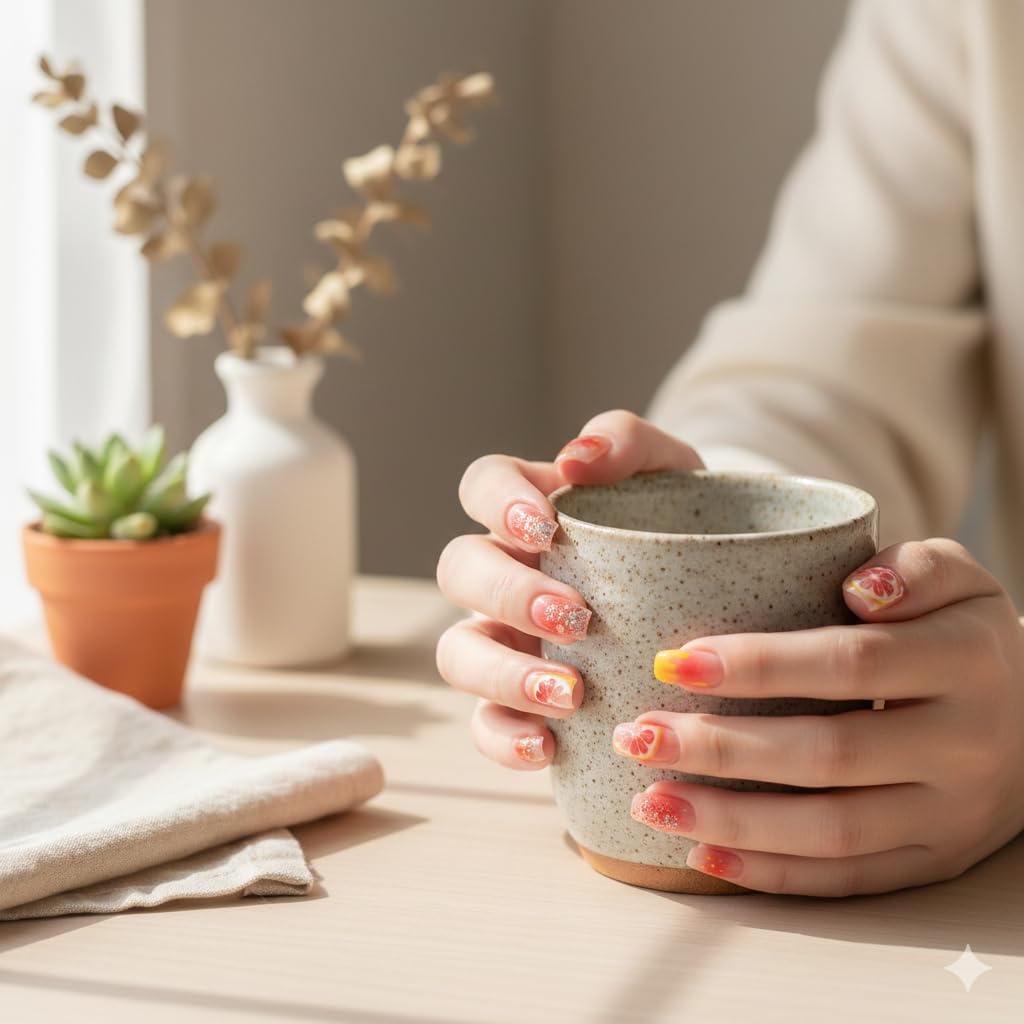 Citrus Bloom Press-On Nails - Coral Gradient with Grapefruit & Glitter