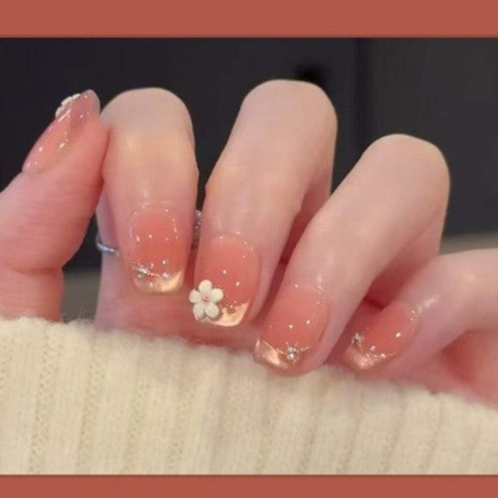 Peachy Blossom Press-On Nails - Coral Gradient with Floral Accents