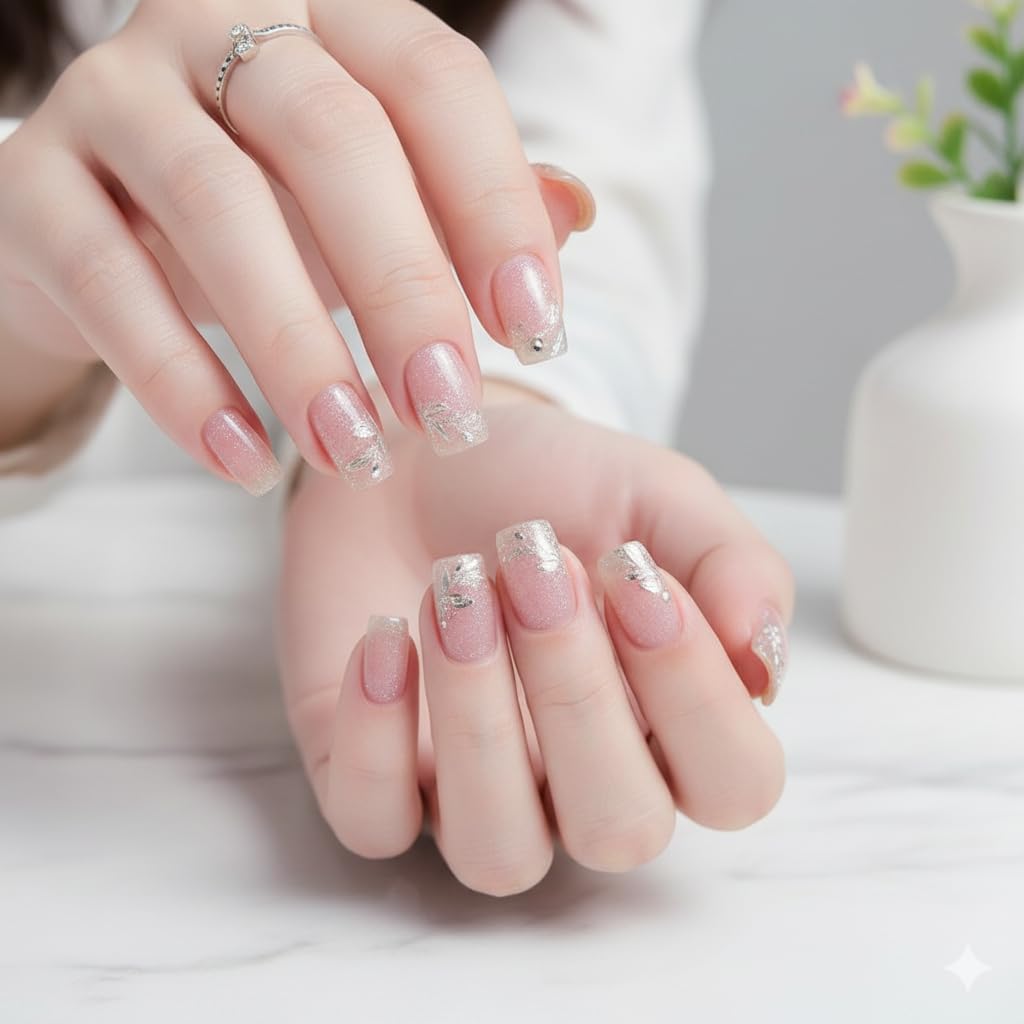 Silver Sparkle Press-On Nails - Soft Pink with Glitter French Tips