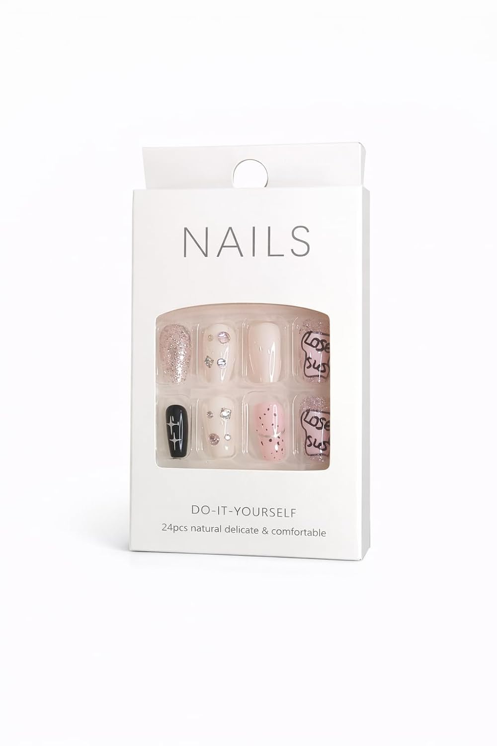 Pink Glitter Cat Press-On Nails - Nude & Black with Cat Art & Sparkle Accents