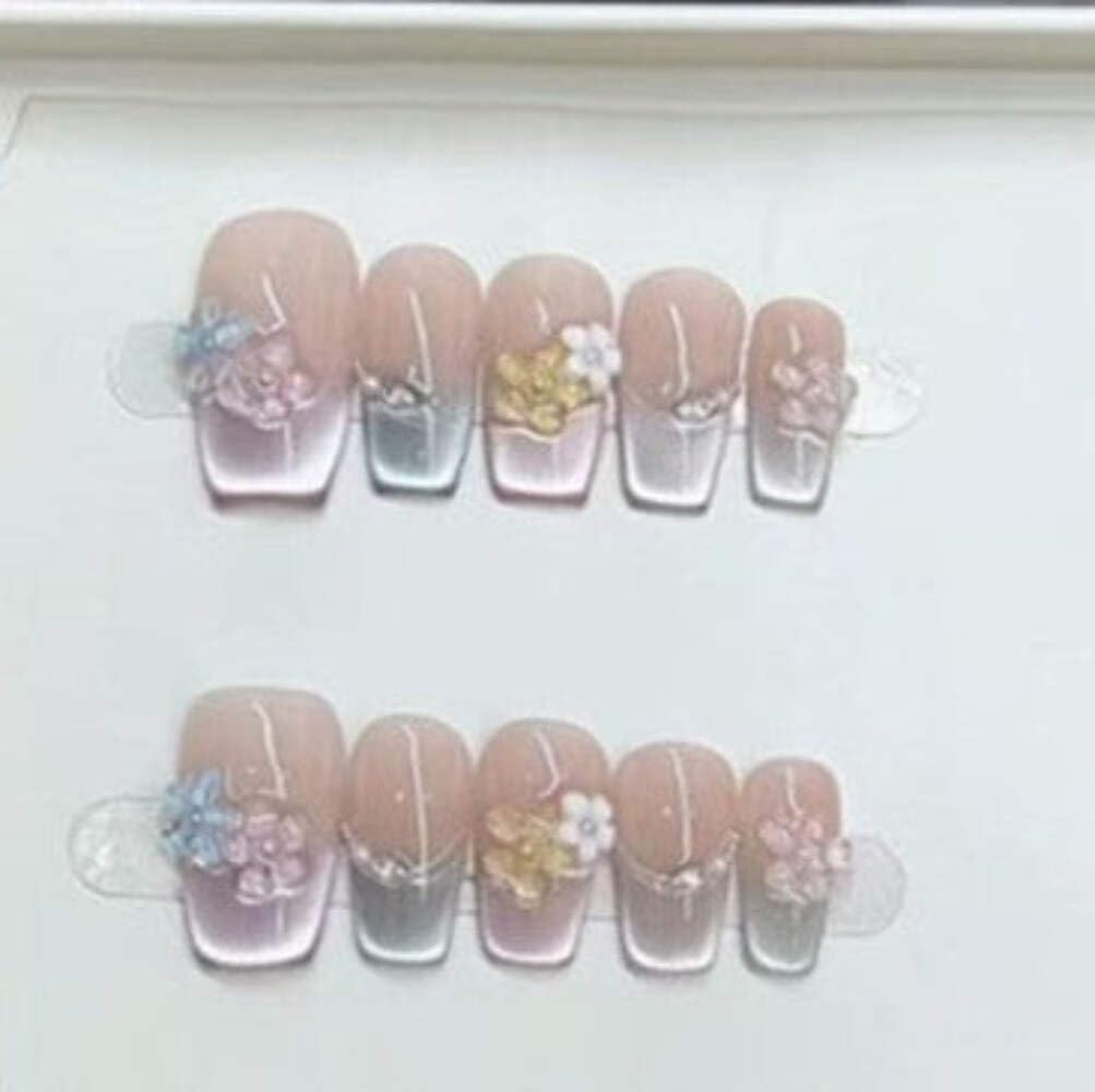 Garden Bloom Press-On Nails - Nude with Pastel Floral French Tips