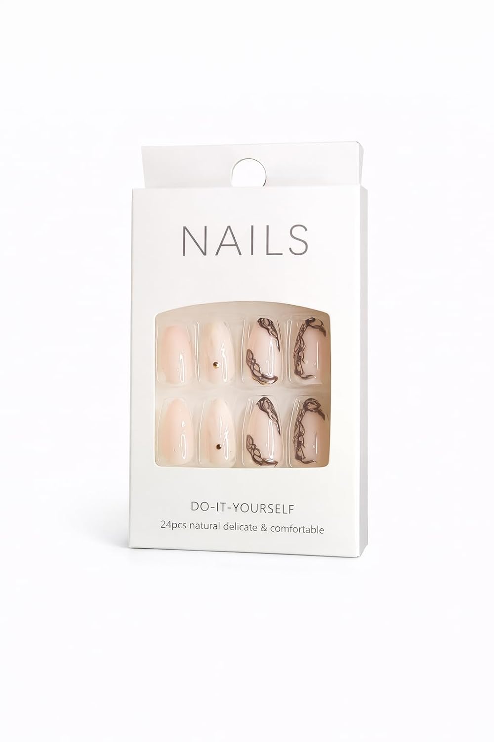 Nude Gold Marble Press-On Nails - Soft Pink with Brown Gold Marble & Crystal Accents
