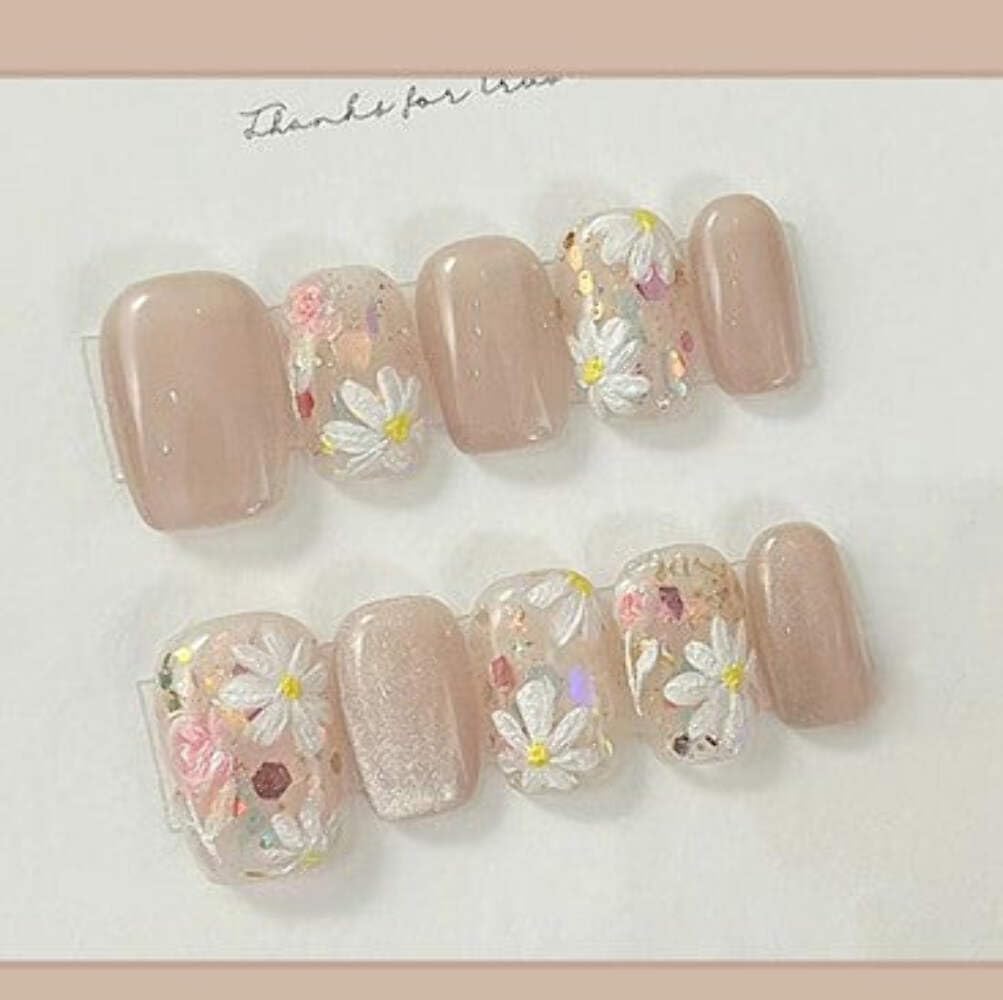 Nude Floral Shimmer Press-On Nails