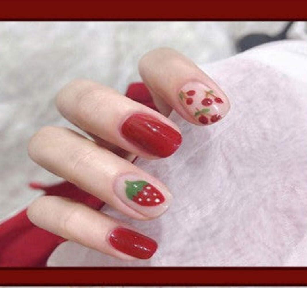 Berry Delight Press-On Nails - Red with Strawberry & Cherry Accents