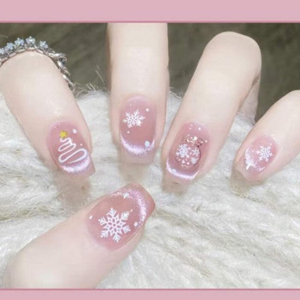 Winter Snowflake Press-On Nails with Festive Designs - 24 Pcs