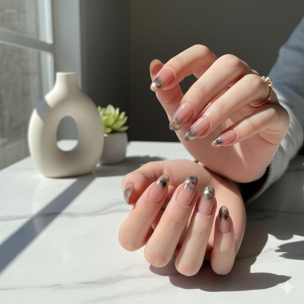 Smoky Chrome Press-On Nails - Nude with Metallic Brown Tips