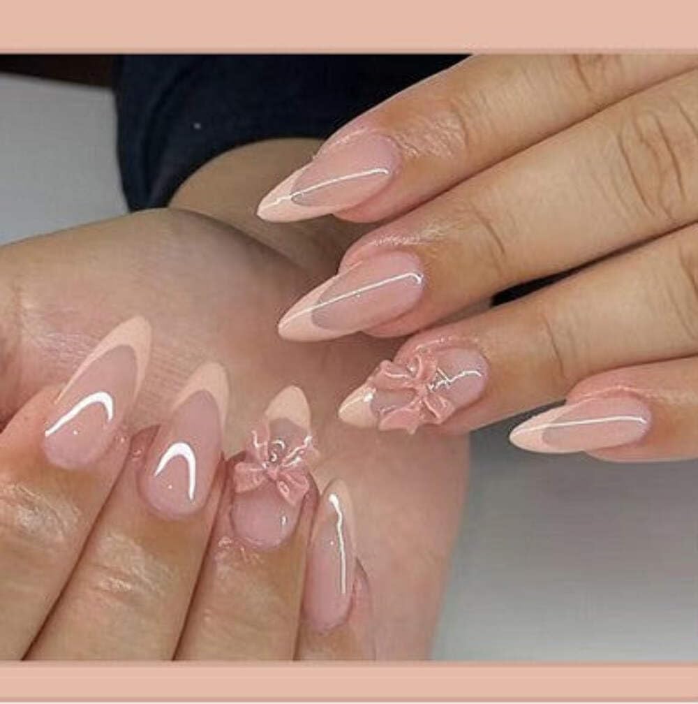 Nude Pink Bow Press-On Nails - Soft Pink with White Tips & 3D Bow Accents