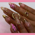 Nude Pink Butterfly Press-On Nails - Soft Pink with Gold Trim & 3D Butterfly Accents