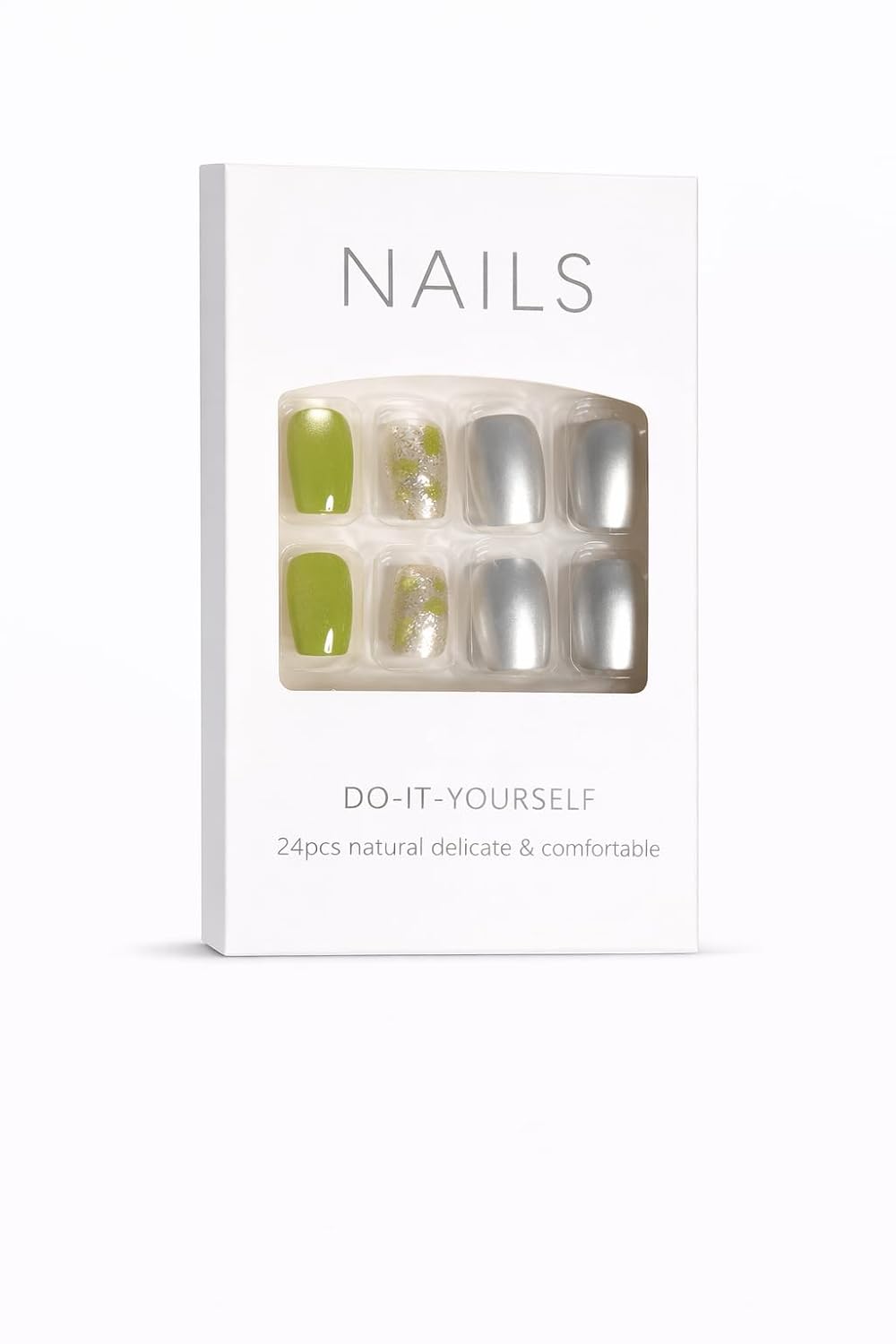 Olive Green Press-On Nails with Gold Glitter Accents -24 Pcs
