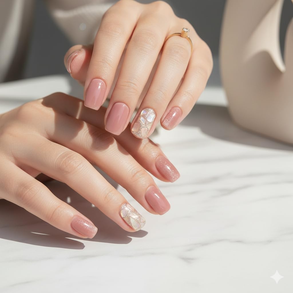 Golden Marble Press-On Nails - Dusty Rose with Gold Foil Accents