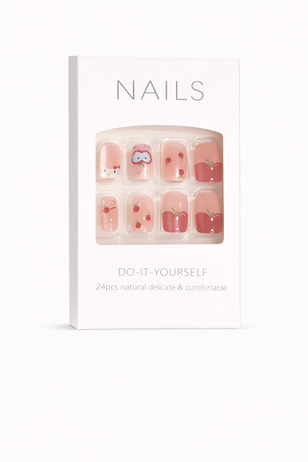 Cherry Blossom Press-On Nails - Nude with Red Cherry & Owl Accents