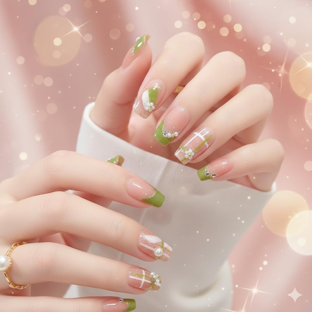 Olive Green French Tip Press-On Nails - Nude with Green Tips & Floral Accents