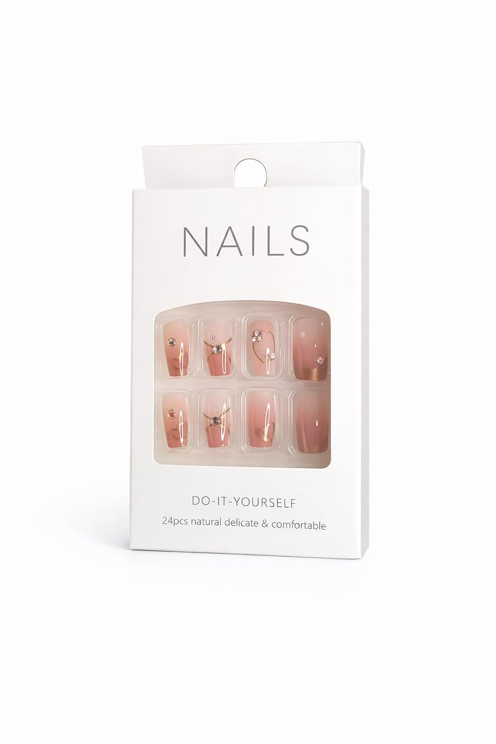 Rosy Heart Charm Press-On Nails - Pink Gradient with Gold Heart Accents