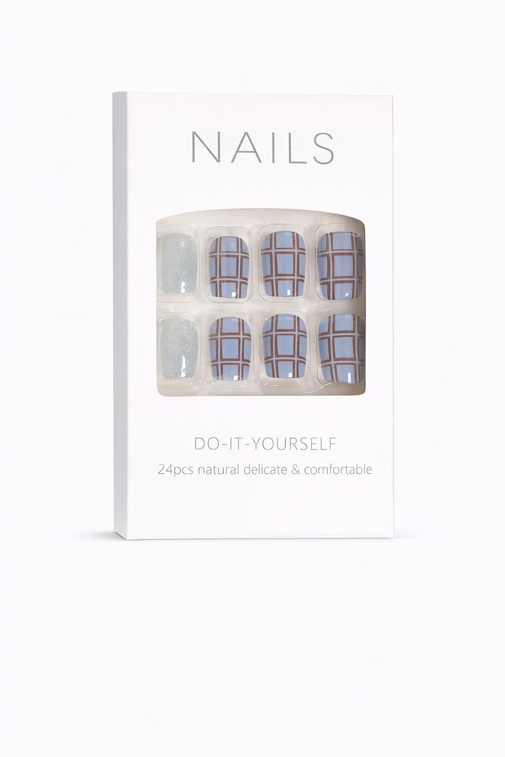 Plaid Press-On Nails - Brown & Silver Glitter