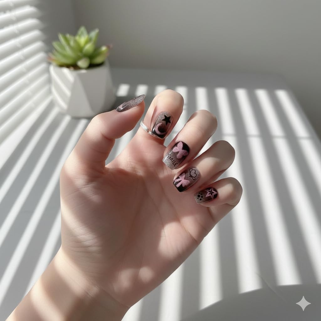Moonlight Magic Press-On Nails - Nude with Moon, Stars & Smile Accents