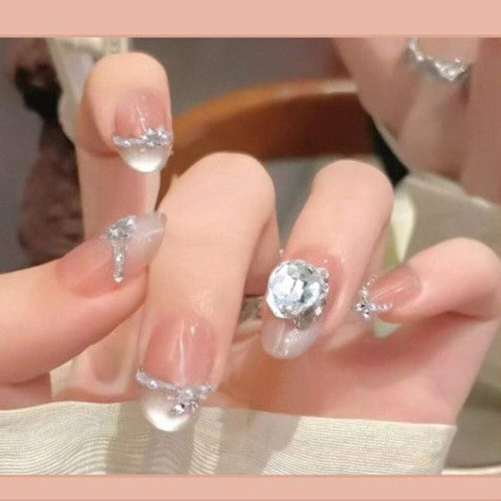Crystal Elegance Press-On Nails - Nude with Luxe Rhinestone Accents