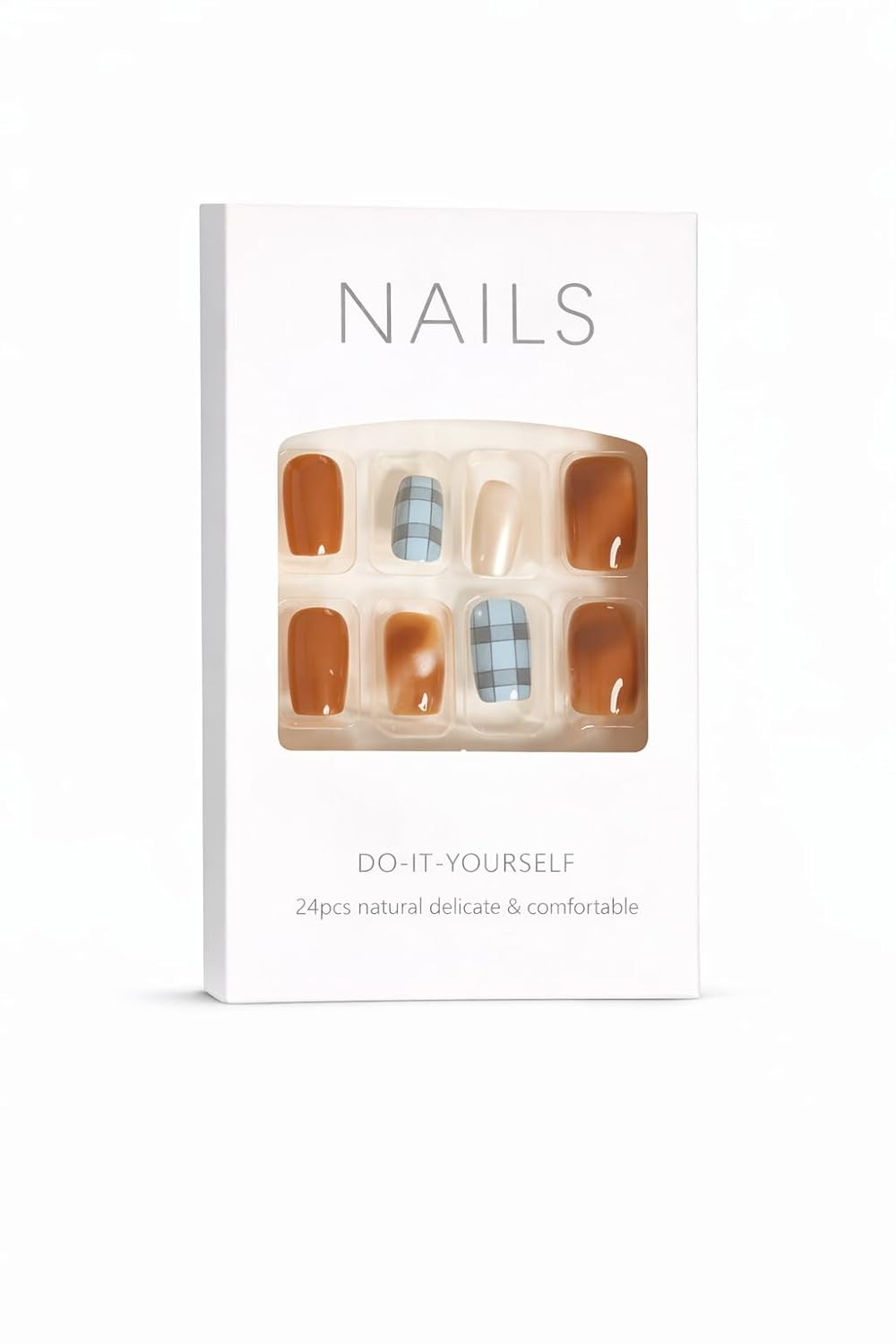Brown Chrome Press-On Nails with Plaid Accents - 24 Pcs