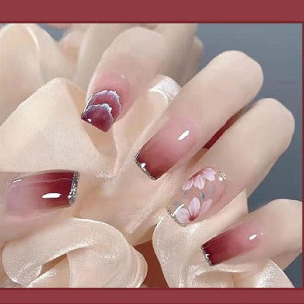 Wine & Roses Press-On Nails - Burgundy Gradient with Floral Accents