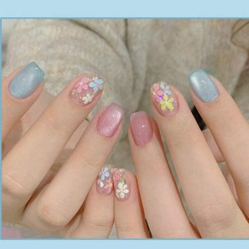 Pastel Floral Press-On Nails - Blue & Pink (24pcs)