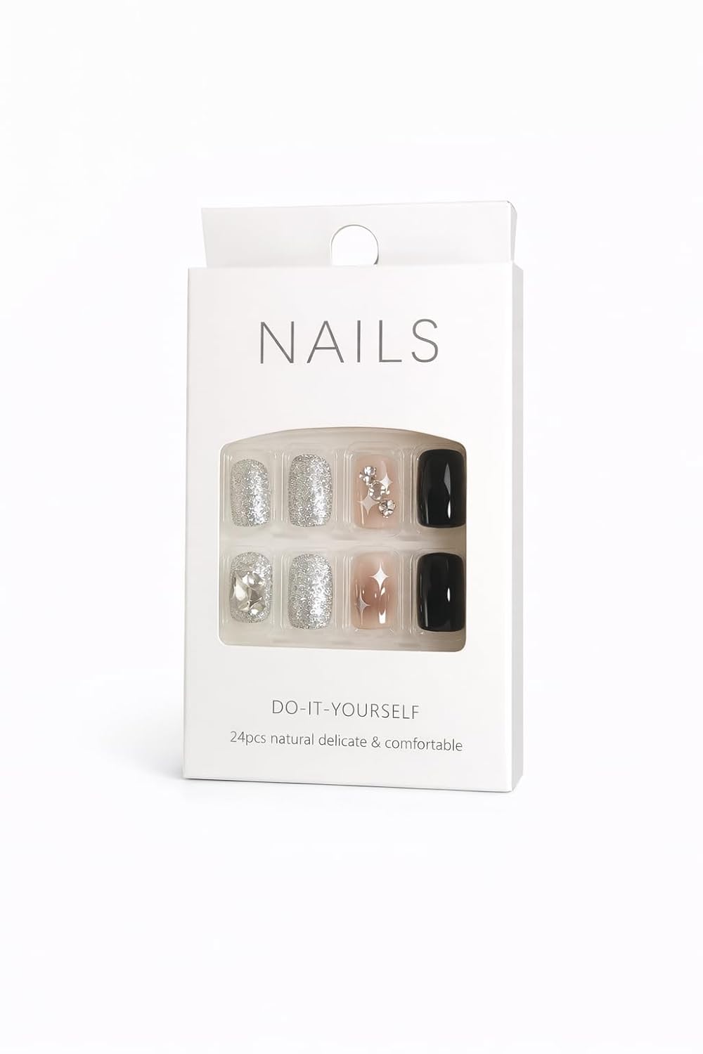 Silver Glam Star Press-On Nails - Black & Nude with Silver Glitter & Star Accents