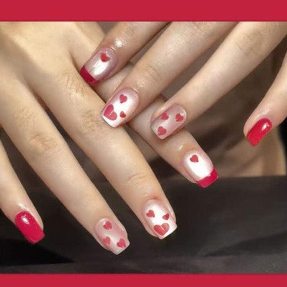 Sweetheart Press-On Nails - Red with Pink Heart Accents