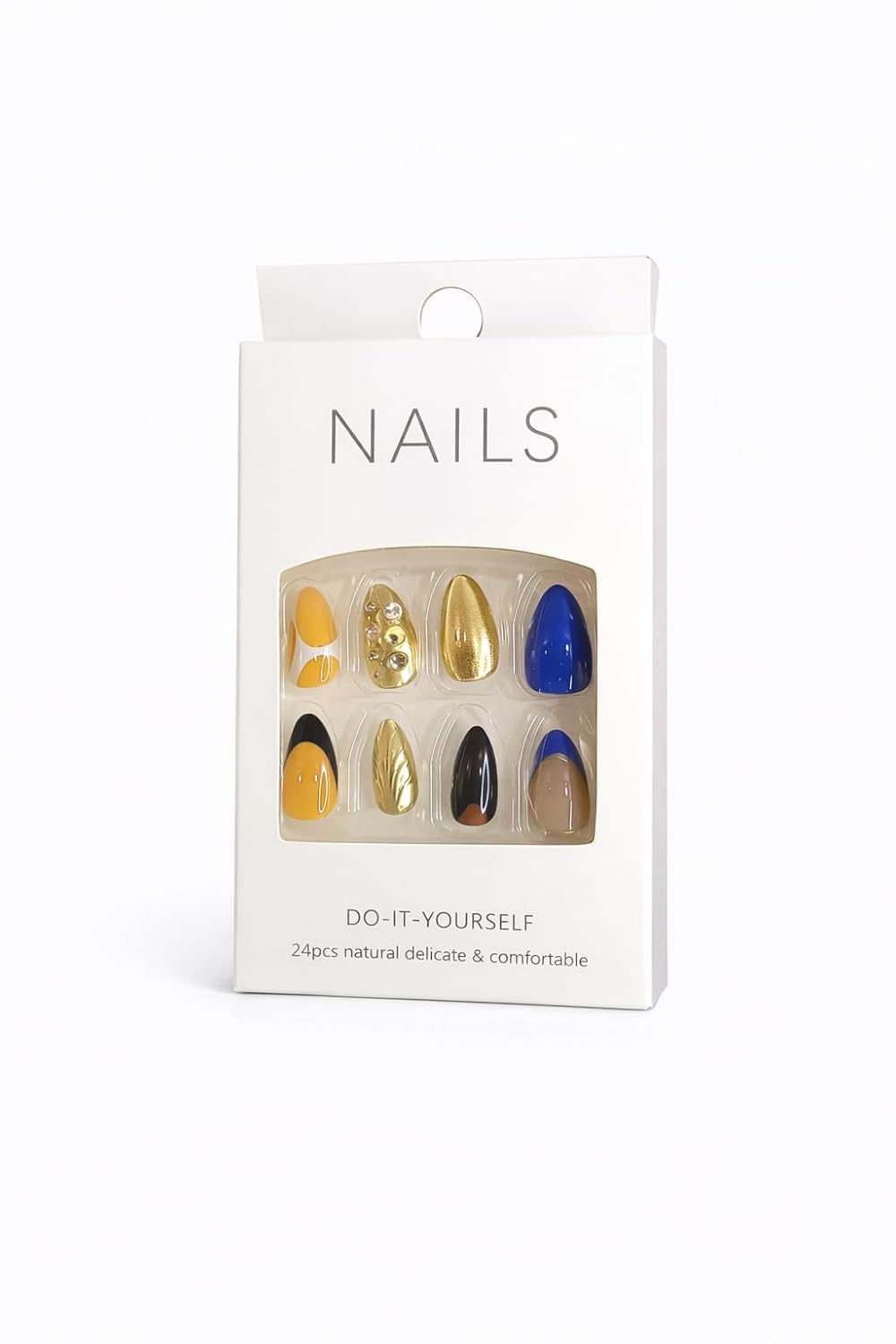 Mustard Blue Swirl Press-On Nails - Navy, Mustard & Nude with Gold Shell & Star Accents