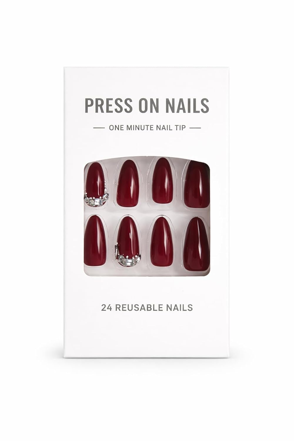 Deep Burgundy Crystal Press-On Nails - Rich Wine Red with Rhinestone Crescent Accents