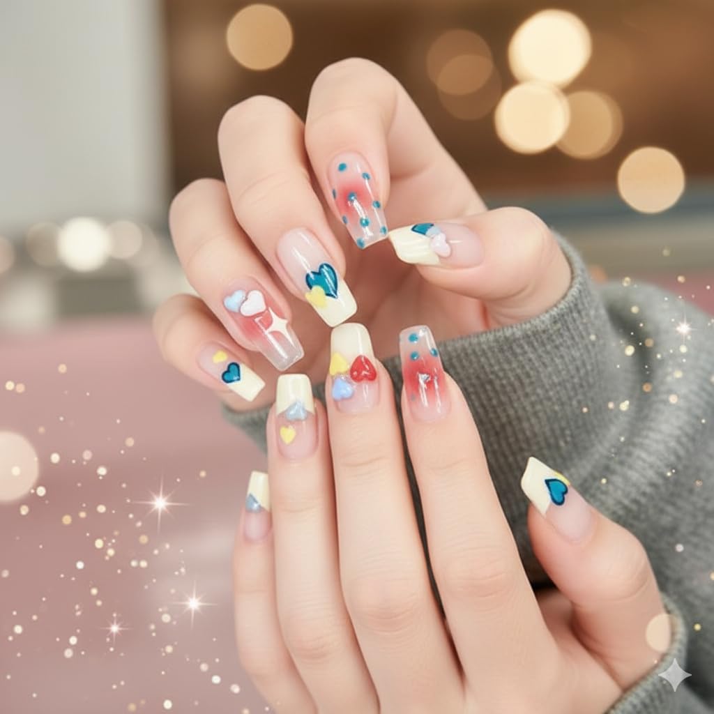 Colorful Heart Charm Press-On Nails - Multicolor with Heart & Flower Accents