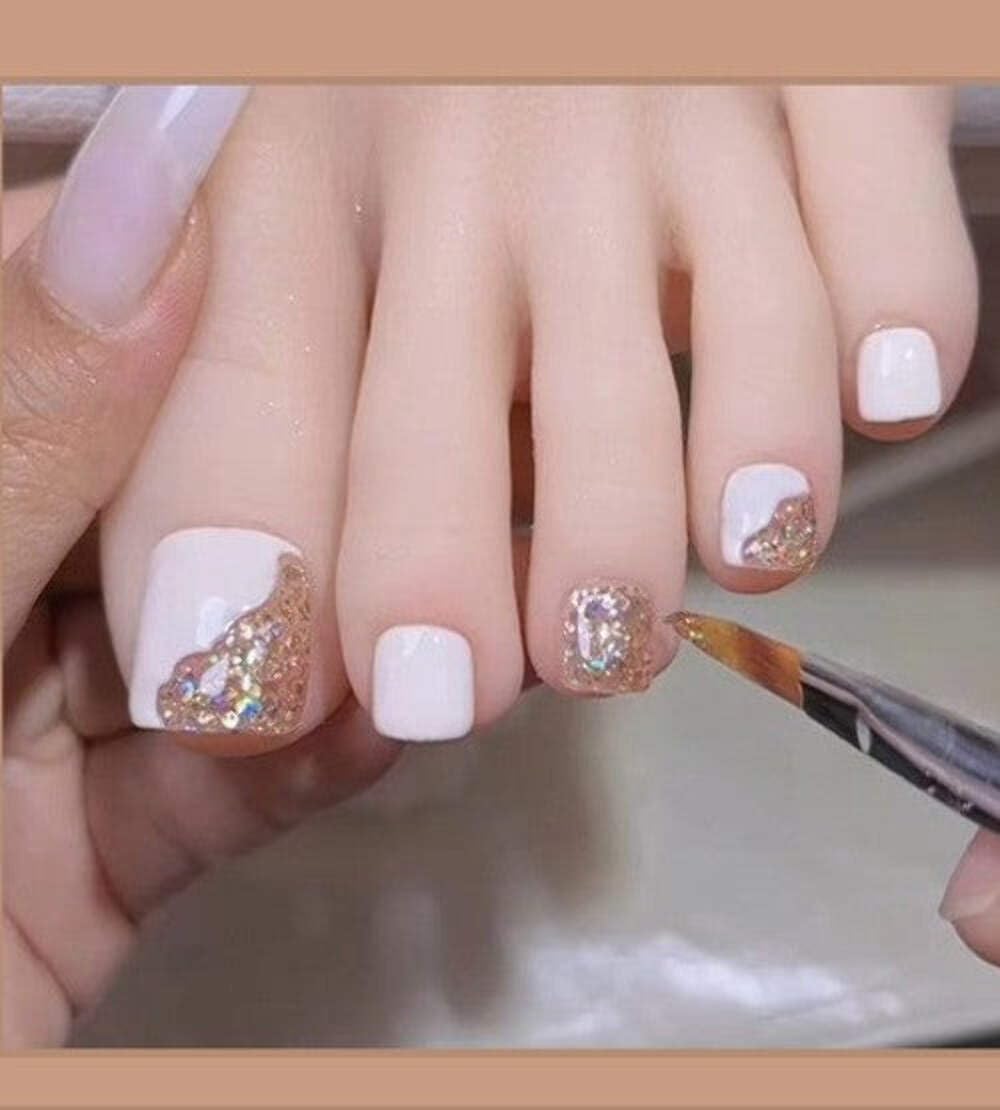 Nude & Gold Glitter Press-On Toenails (24 Pcs) – DIY Party Wear
