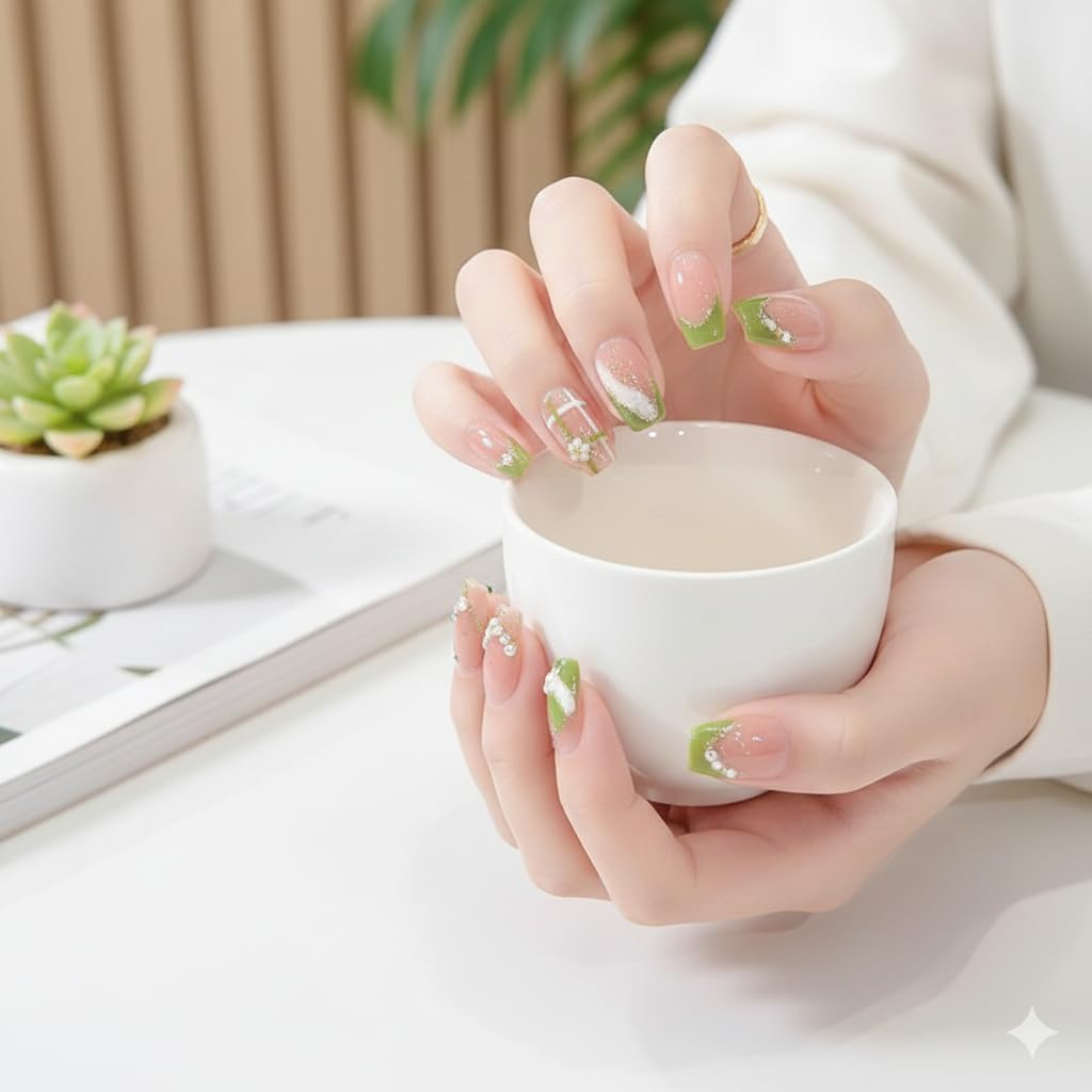 Olive Green French Tip Press-On Nails - Nude with Green Tips & Floral Accents