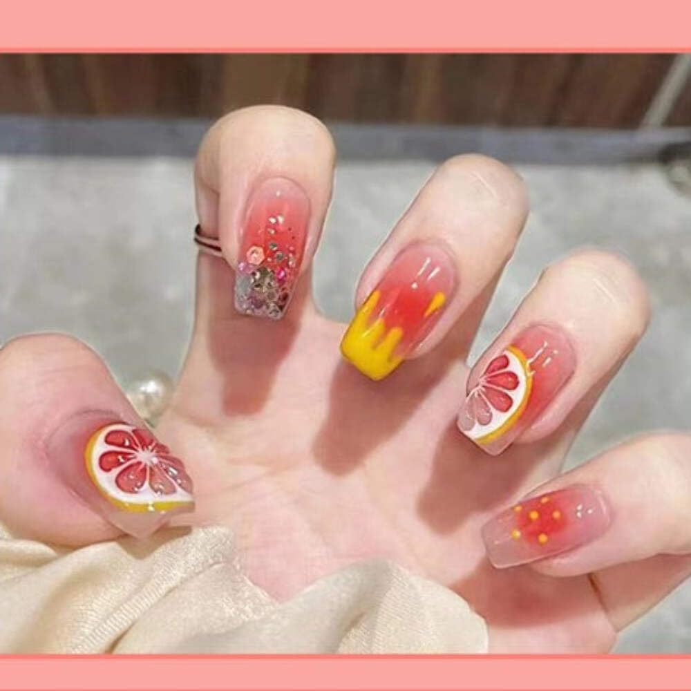 Citrus Bloom Press-On Nails - Coral Gradient with Grapefruit & Glitter