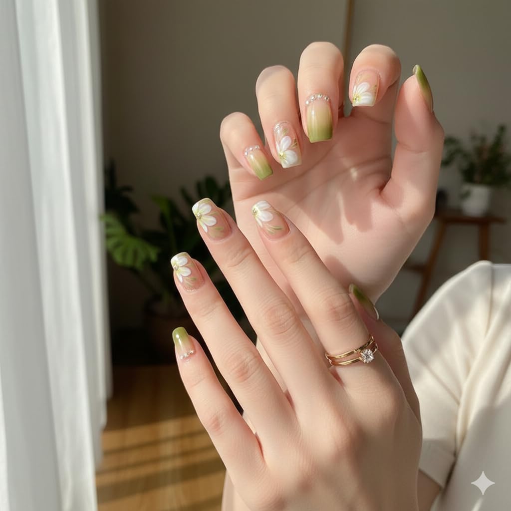 Olive Daisy Gradient Press-On Nails - Green Ombre with White Floral Accents