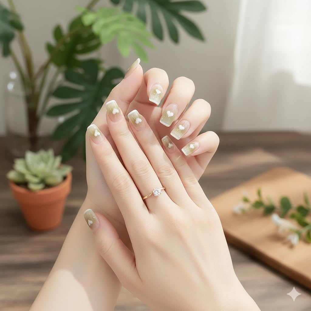 Sage Heart Press-On Nails - Olive Green with Pearl Heart Accents