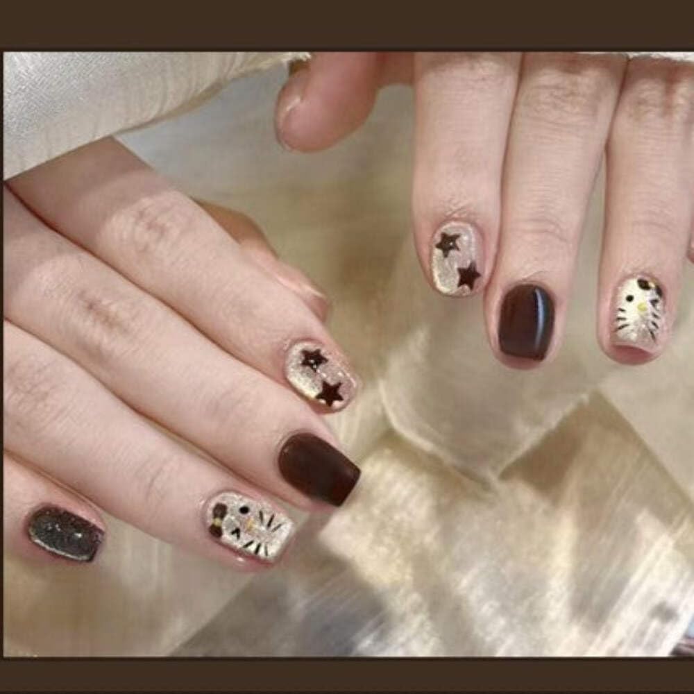 Nude Brown Press-On Nails with Silver Glitter & Star Accents - 24 Pcs