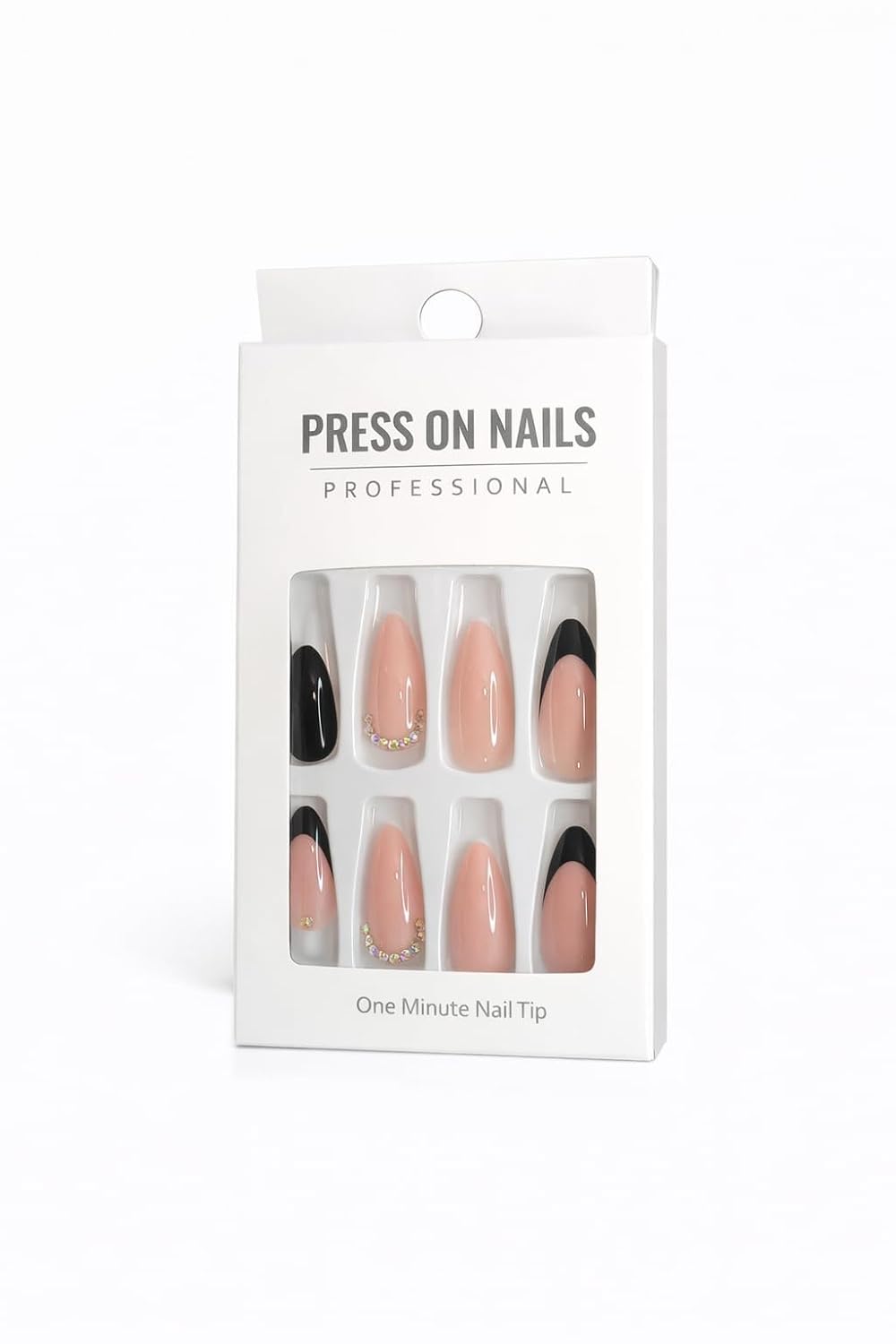 Black French Tip Press-On Nails - Nude with Black Tips & Crystal Accents