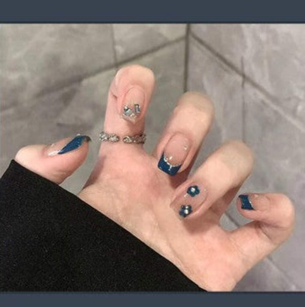 Teal French Tip Press-On Nails - Nude with Deep Teal Tips & Flower Accents