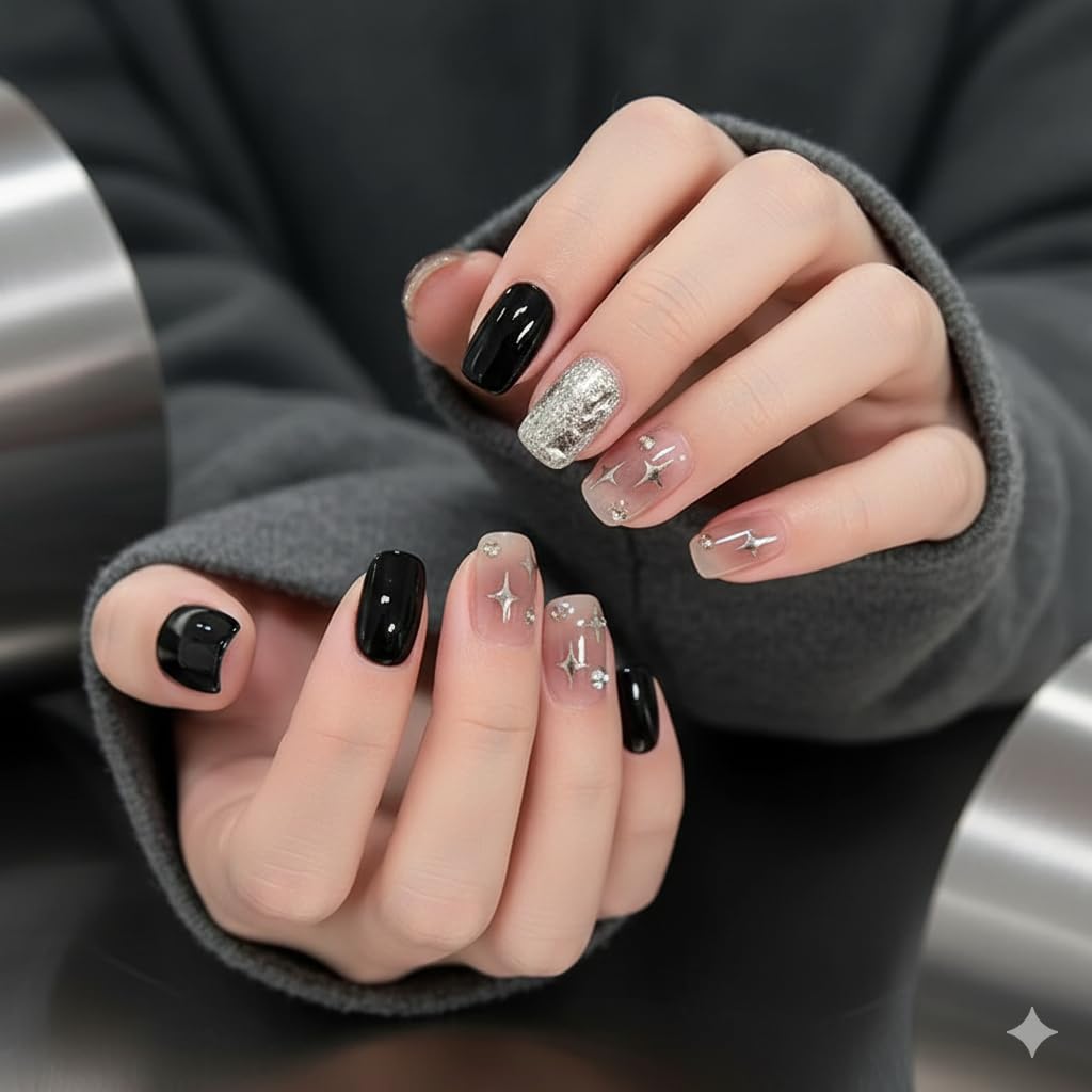 Silver Glam Star Press-On Nails - Black & Nude with Silver Glitter & Star Accents