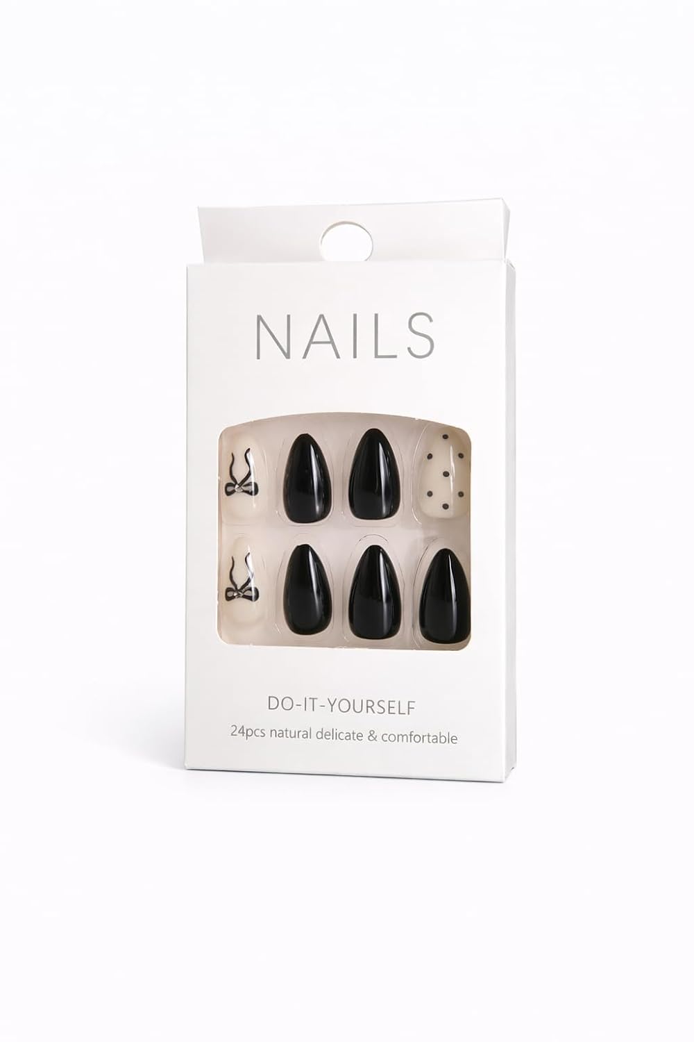 Nude Polka Dot Bow Press-On Nails - Cream with Black Dots & Bow Accents