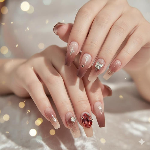 Burgundy Gradient Gem Press-On Nails - Wine Red Ombre with Crystal Accents
