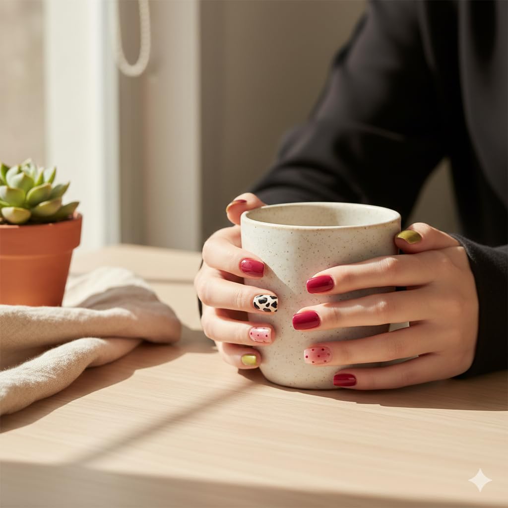 Wild Berry Mix Press-On Nails - Burgundy, Pink, Olive & Cow Print