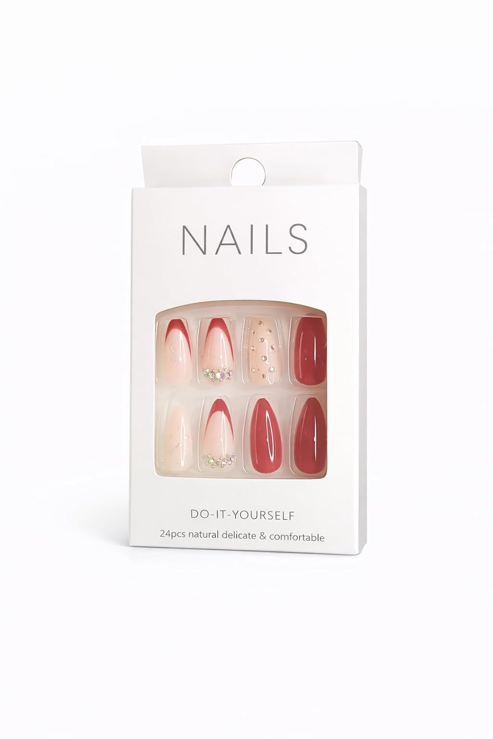 Red Chevron French Tip Press-On Nails - Nude with Red V-Tips & Crystal Accents