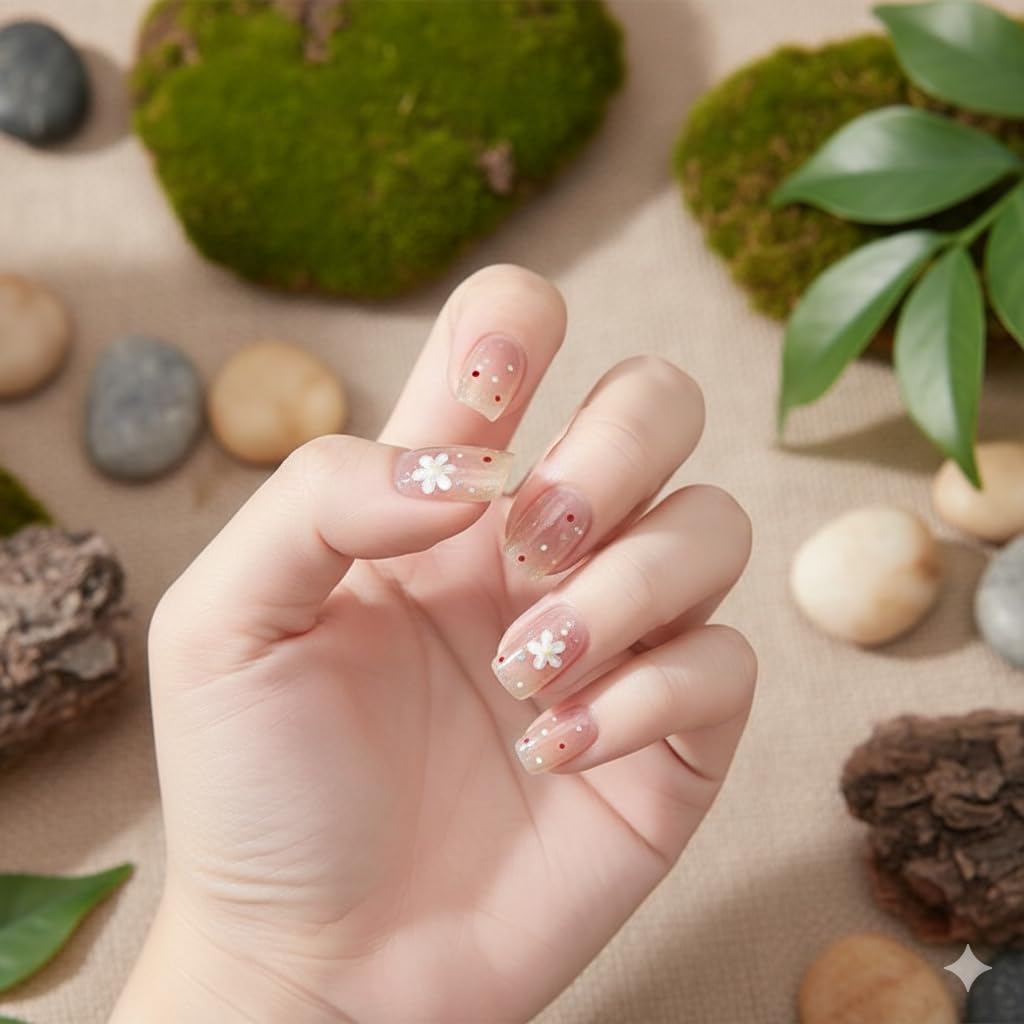 Delicate Daisy Press-On Nails - Nude with White Floral Accents
