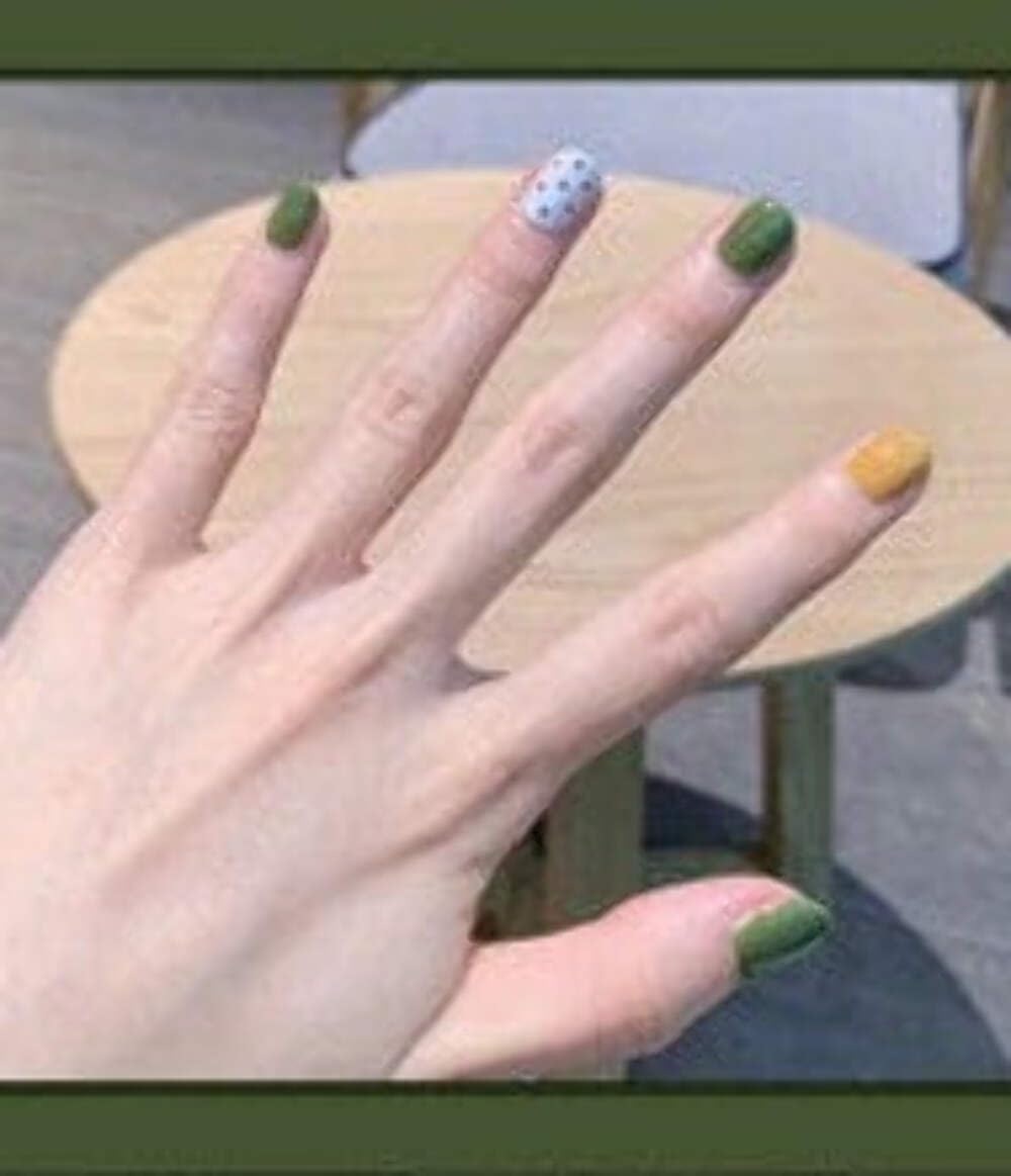 Olive Garden Press-On Nails - Green & Yellow with Polka Dot Accents