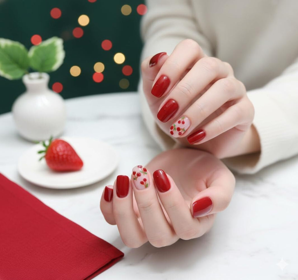 Berry Delight Press-On Nails - Red with Strawberry & Cherry Accents