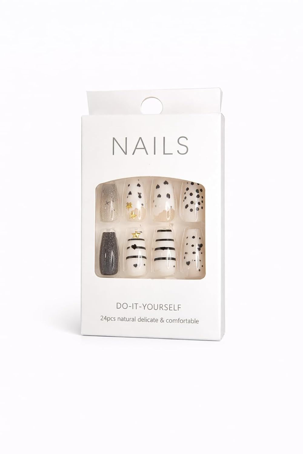 White Glitter Stripe Press-On Nails - Polka Dot & Stripe with Gold Star Accents