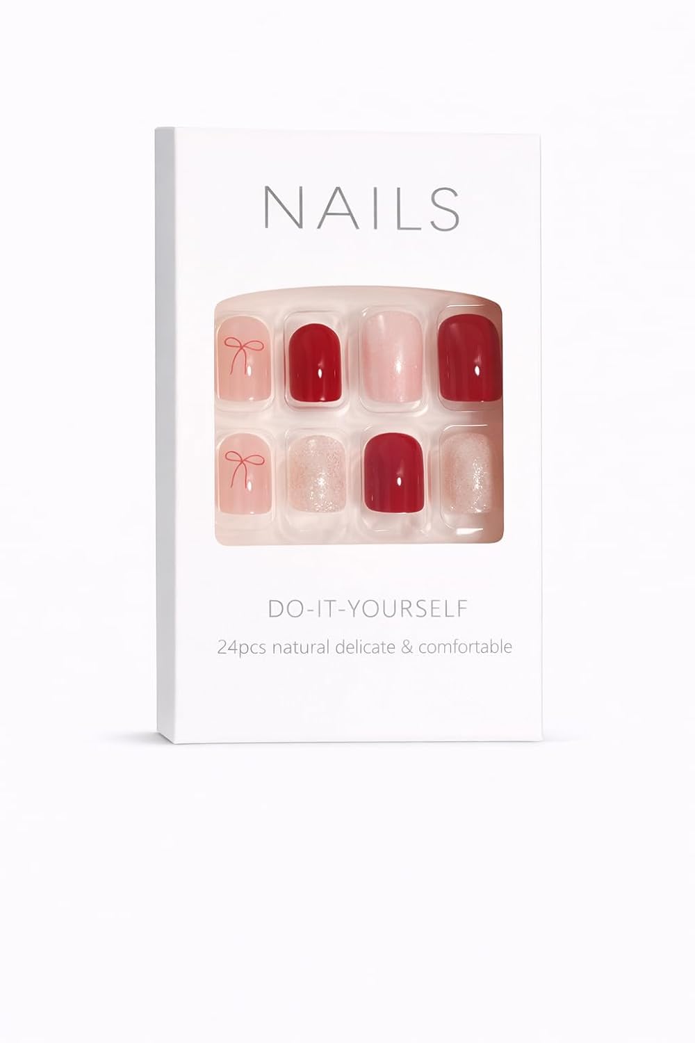 Burgundy Red Press-On Nails with Bow & Silver Glitter - 24 Pcs