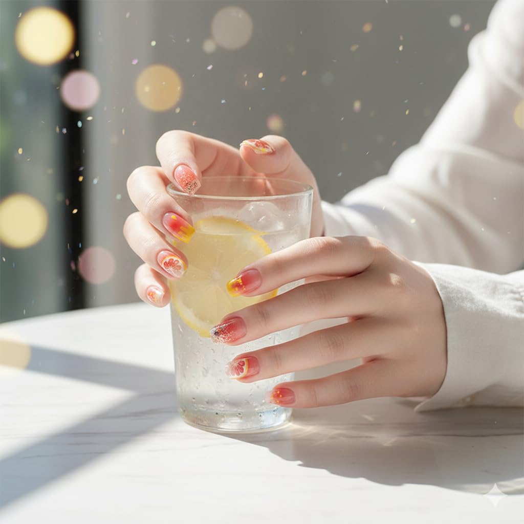 Citrus Bloom Press-On Nails - Coral Gradient with Grapefruit & Glitter