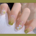 Olive Daisy Gradient Press-On Nails - Green Ombre with White Floral Accents
